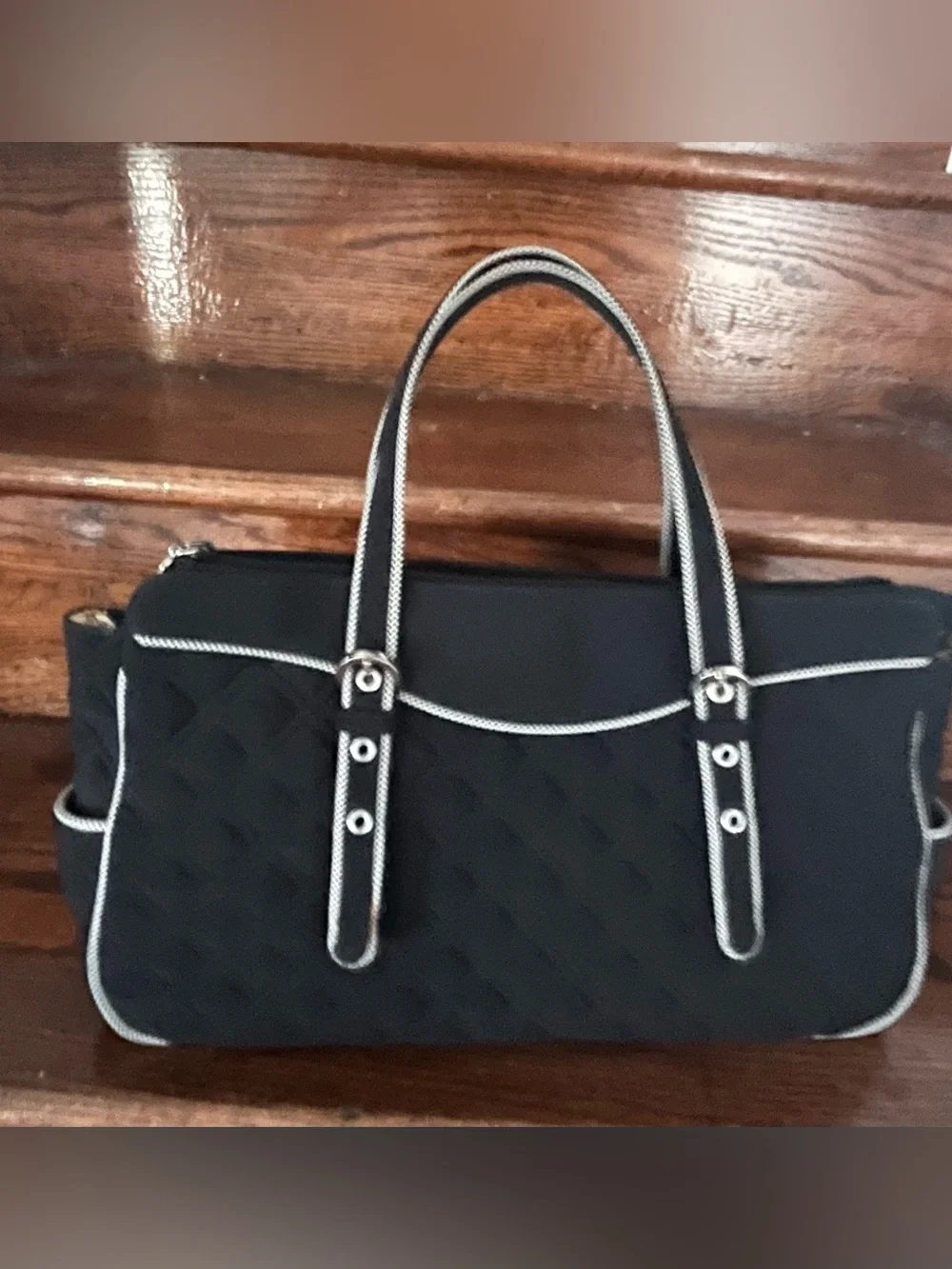 Vera Bradley Black Microfiber Handbag w/ Checked Piping Detail Nice!